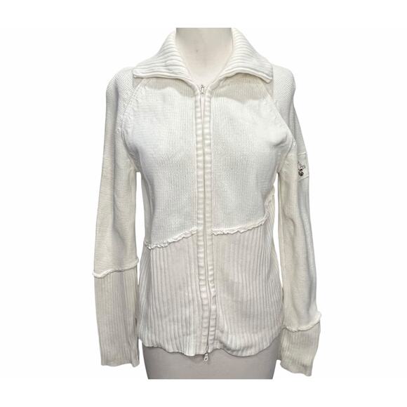 DKNY Y2K Sweater Jacket Womens M Cream Ribbed Full Zip Turtle Neck Classic Retro - Picture 2 of 15